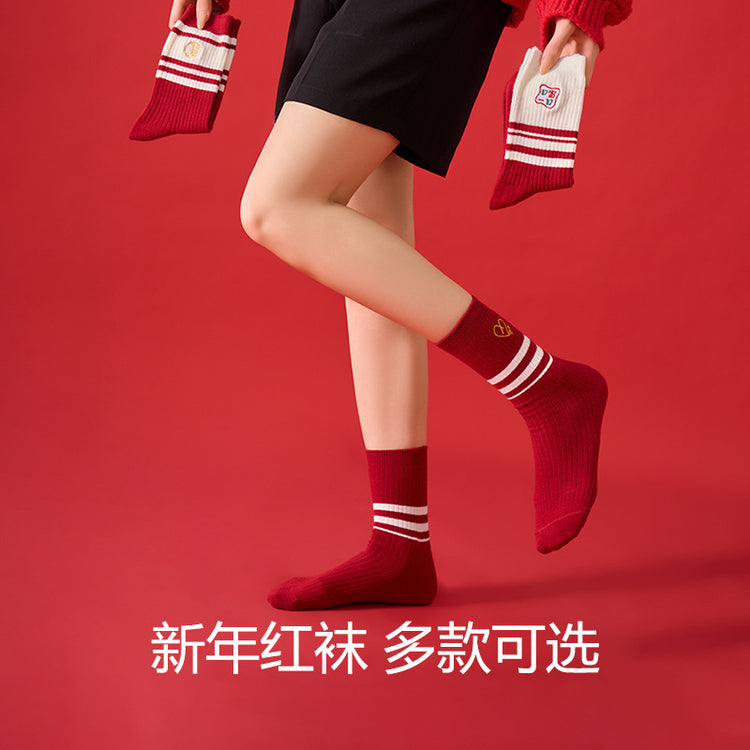 女襪|本命年紅襪子女2025年蛇年情侶結婚喜襪棉質軟糯舒適彈力中筒襪「MK3100」25.01-1