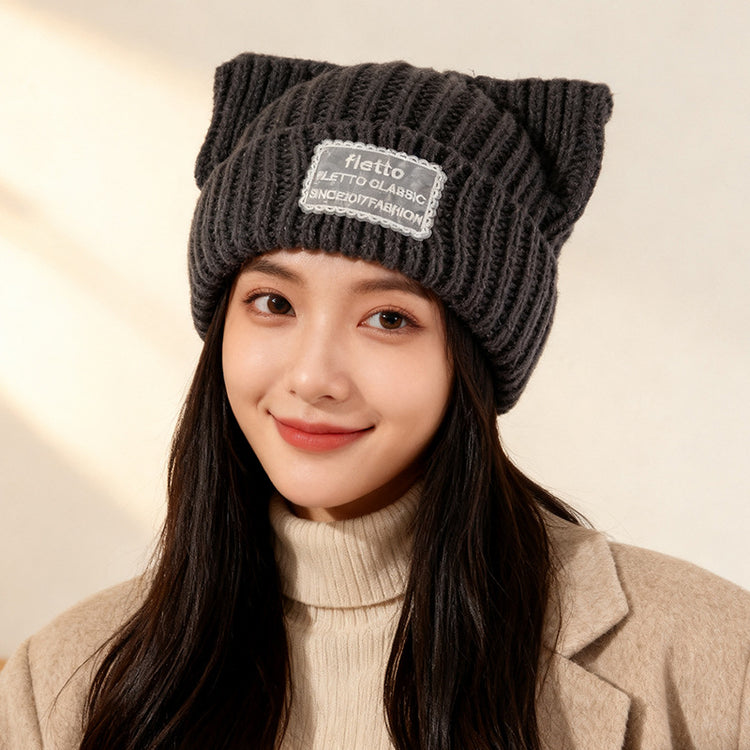 流行帽子|新款蕾絲貼布貓耳針織帽子女秋冬保暖毛線帽時尚百搭顯臉小包頭帽「C5801」25.11-2