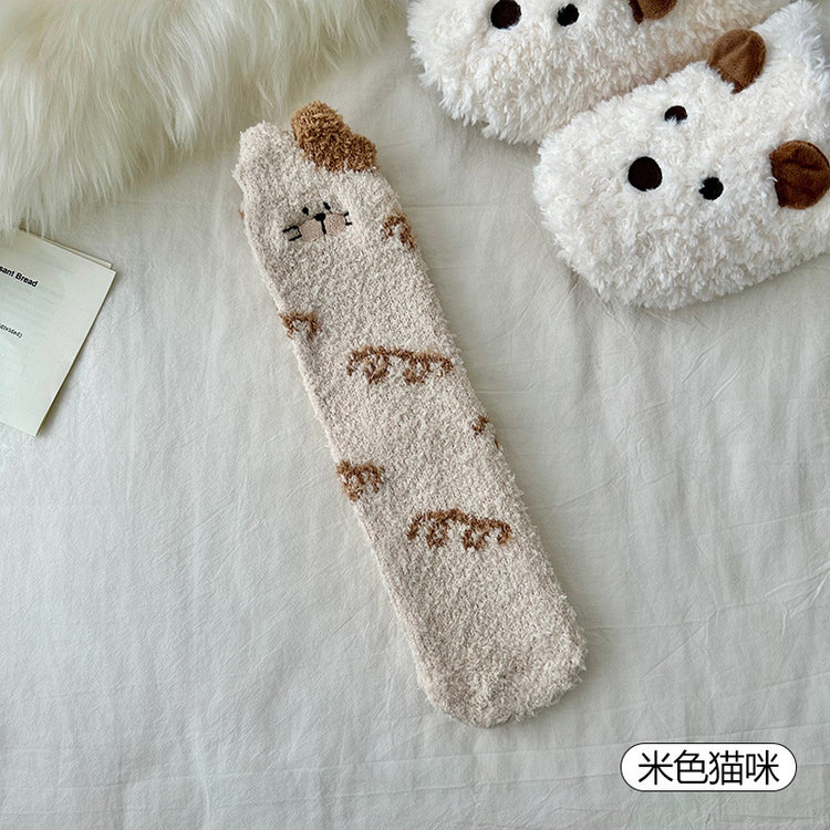 女襪|冬季襪子女軟糯舒適居家保暖地板襪立體卡通圖案加絨加厚睡眠襪「QZ2578」25.11-2