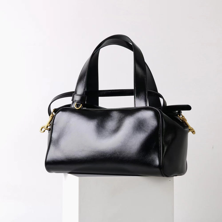 質感真皮|2025新款時尚牛皮手柄保齡球波士頓手提包小眾設計休閒百搭斜背包「8566」25.09-2