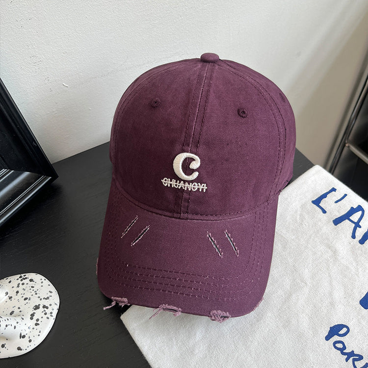 流行帽子|字母破洞棒球帽子女春夏新款復古百搭遮陽帽顯臉小軟頂鴨舌帽子男「C4884」24.12-5