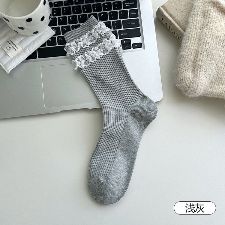 女襪|雙層蕾絲花邊襪子女竪條顯瘦彈力舒適中筒襪棉質吸汗透氣堆堆襪「XC2350」25.09-5