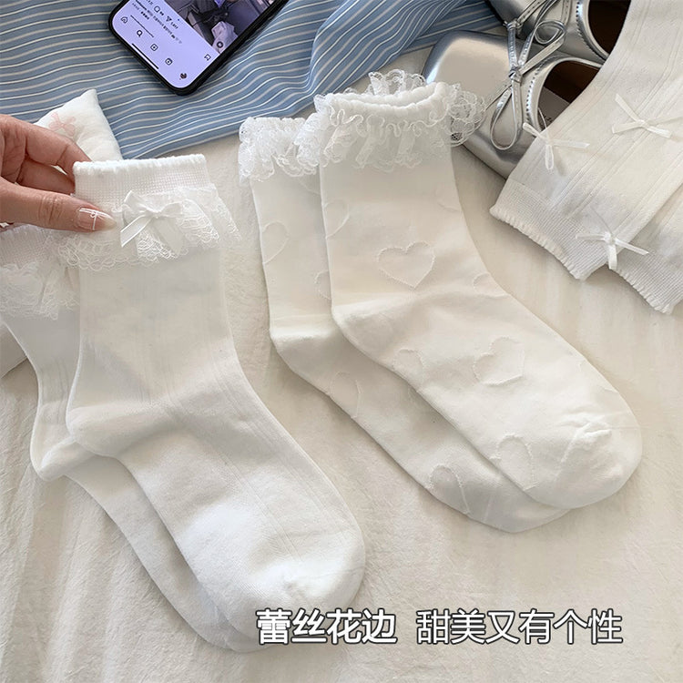 女襪|白色堆堆襪子女春夏薄款miu系蝴蝶結中筒襪吸汗透氣諸暨襪子批發「YM2510」25.03-4