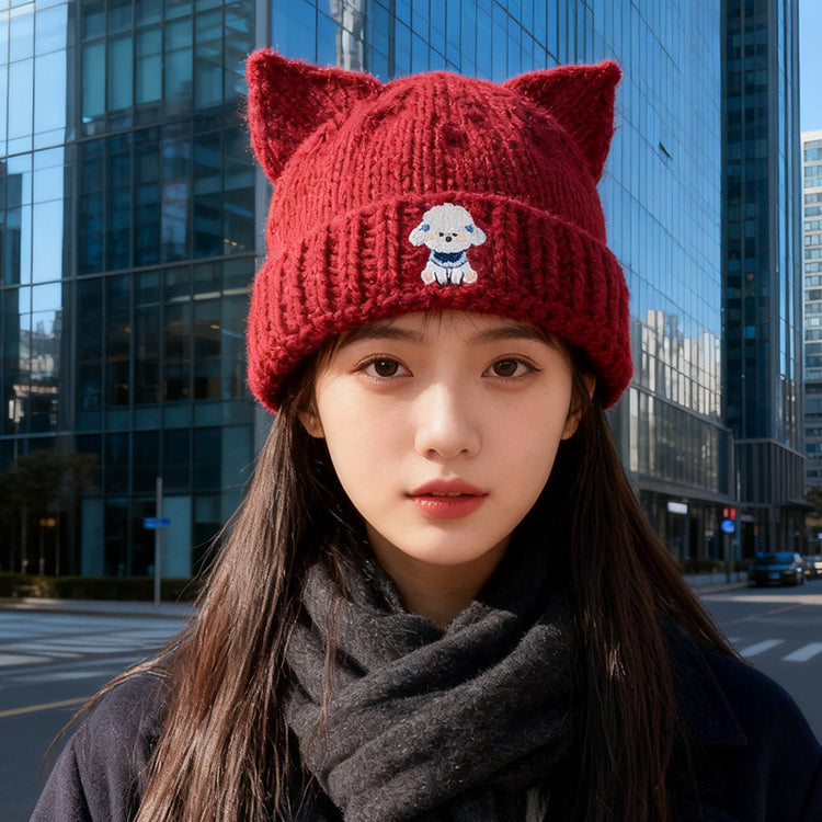 流行帽子|可愛貓耳朵毛線帽子女秋冬護耳保暖針織帽百搭小狗刺繡套頭冷帽潮「C5703」25.10-2