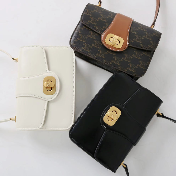 質感真皮|2025新款百搭進口小牛皮扭鎖翻蓋手提單肩腋下包精緻通勤女士包「6083」25.04-2