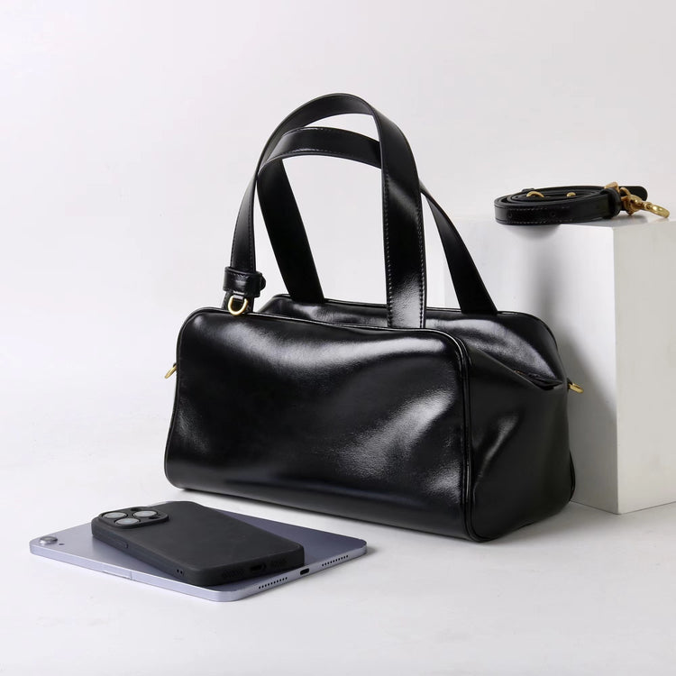 質感真皮|2025新款時尚牛皮手柄保齡球波士頓手提包小眾設計休閒百搭斜背包「8566」25.09-2