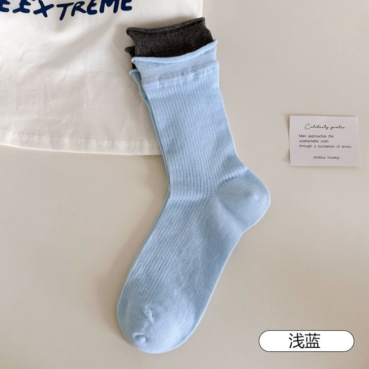 女襪|拼色雙羅口襪子女棉質親膚吸汗透氣中筒襪彈力無骨潮流簡約堆堆襪「MK5084」25.06-1