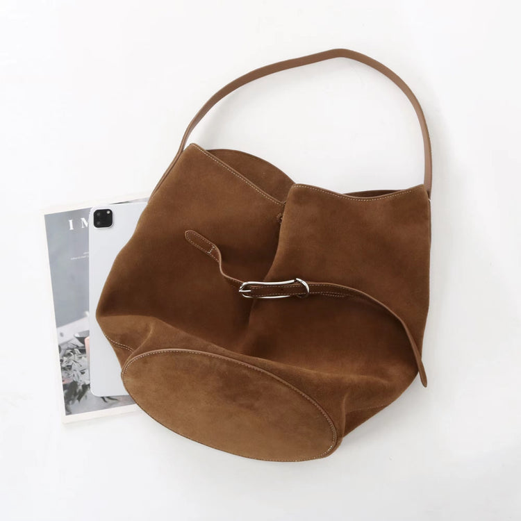 質感真皮|2025新磨砂牛皮托特包hobo腋下包皮帶裝飾餃子水桶包百搭單肩包「6185S」25.11-2