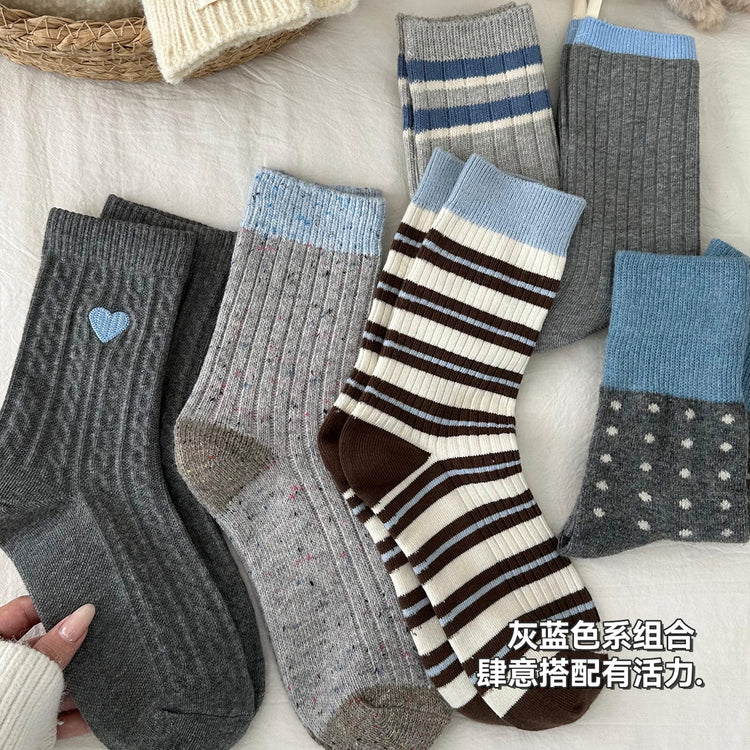 女襪|灰色羊毛襪子女冬季加絨加厚保暖愛心蝴蝶結堆堆襪彈力親膚中筒襪「HD25856」25.11-2