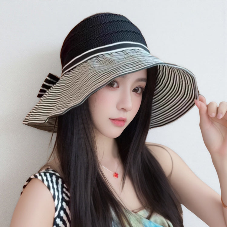流行帽子|赫本風條紋拼色漁夫帽女半空頂可扎馬尾遮陽帽子夏季大帽檐防曬帽「C5327」25.06-3