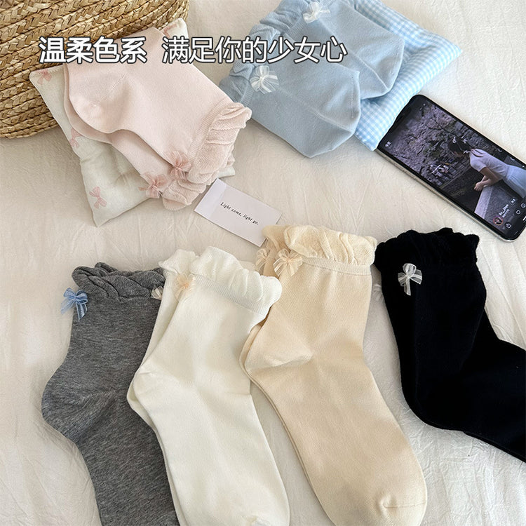 女襪|後跟蝴蝶結襪子女春夏季ins潮花邊襪口中筒襪棉質吸汗透氣堆堆襪「SM2501」25.04-1