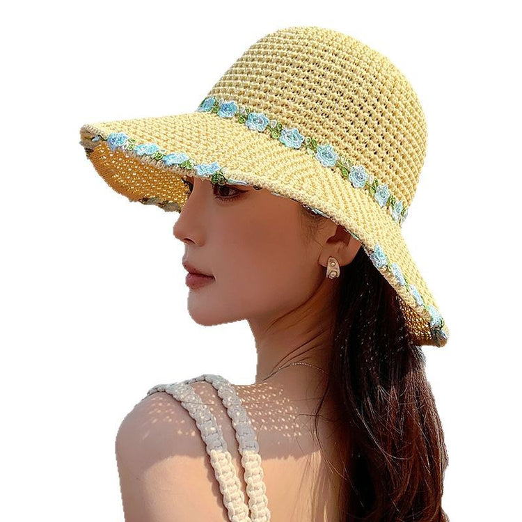 流行帽子|夏季編織草帽女海邊度假遮陽小花太陽草帽可折疊鏤空防曬漁夫帽子「C5152」25.04-1
