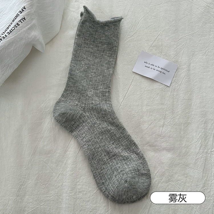 女襪|灰色襪子女夏季薄款網眼透氣中筒襪miu系配瑪麗珍彈力無骨堆堆襪「YJ24126」25.04-4