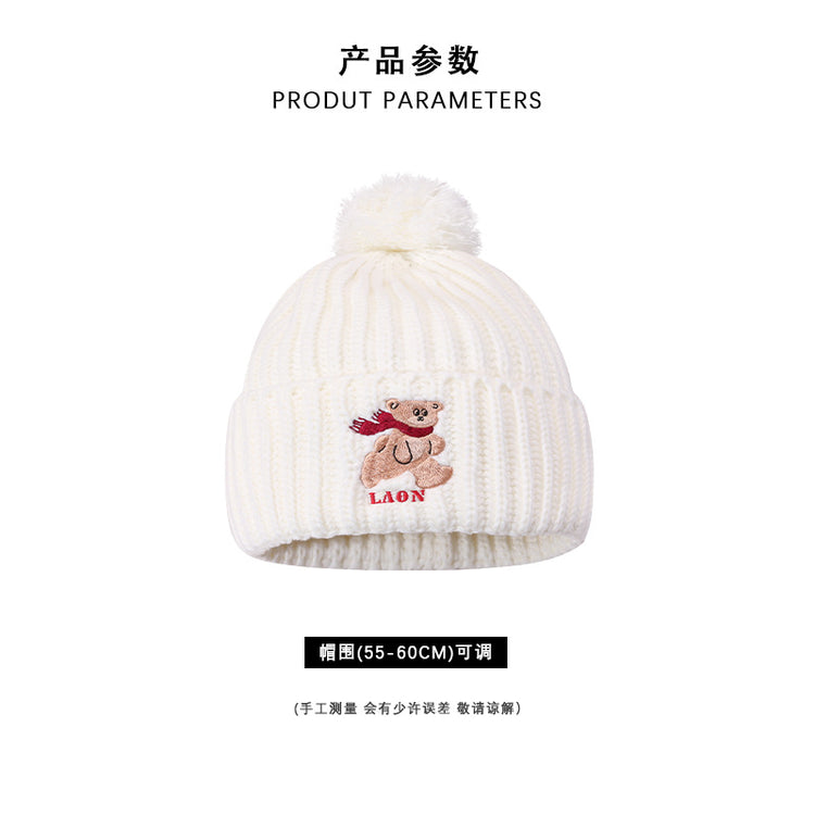 流行帽子|韓版可愛紅巾小熊LAO毛球針織帽冬季保暖百搭防風加厚顯臉小冷帽「C4729」24.10-4