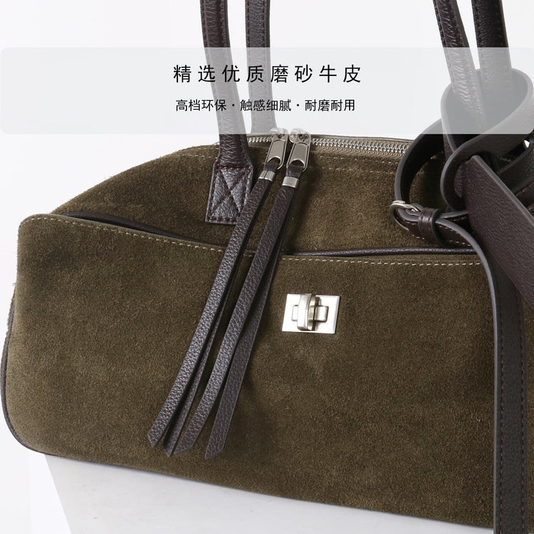 質感真皮|2025新款百搭輕奢磨砂牛皮波士頓大包單肩托特枕頭通勤保齡球包「X3989D3988」25.09-3