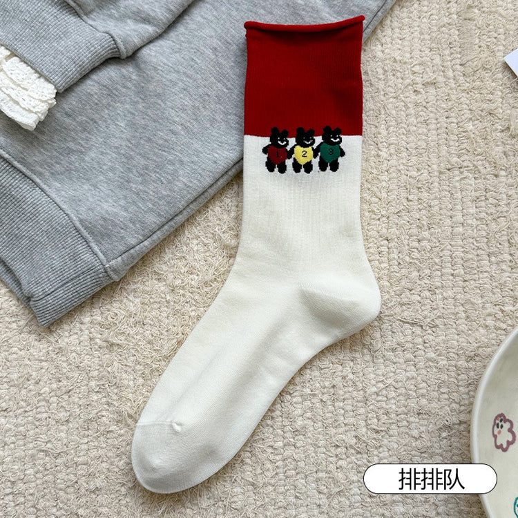 女襪|卷邊襪子女可愛卡通動物圖案堆堆襪棉質吸汗透氣親膚舒適襪子「WN2515」25.08-4