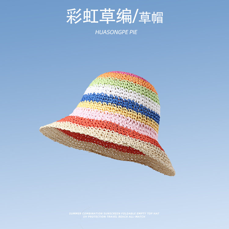 流行帽子|蕾絲系帶草帽夏季女帽子防曬學生戶外遮陽帽綁帶沙灘彩虹太陽帽子「C3929」24.05-2