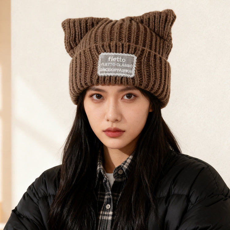 流行帽子|新款蕾絲貼布貓耳針織帽子女秋冬保暖毛線帽時尚百搭顯臉小包頭帽「C5801」25.11-2