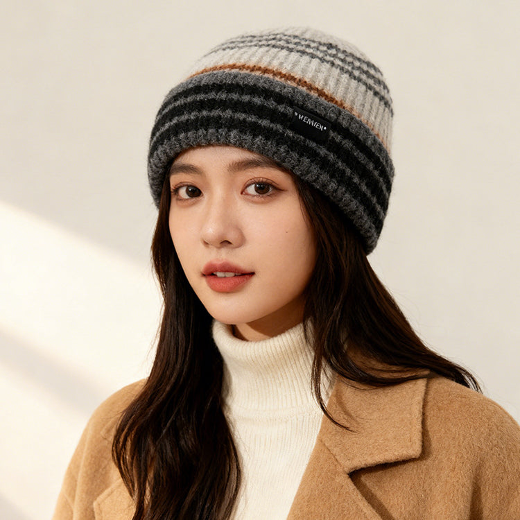 流行帽子|韓版ins條紋拼色帽子女秋冬保暖針織毛線帽男顯臉小戶外堆堆冷帽「C5865」25.11-4