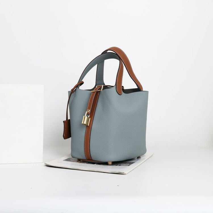 質感真皮|togo頭層牛皮拼接菜籃2024年新款時尚軟牛皮水桶包手提手拎包「226#」24.10-3