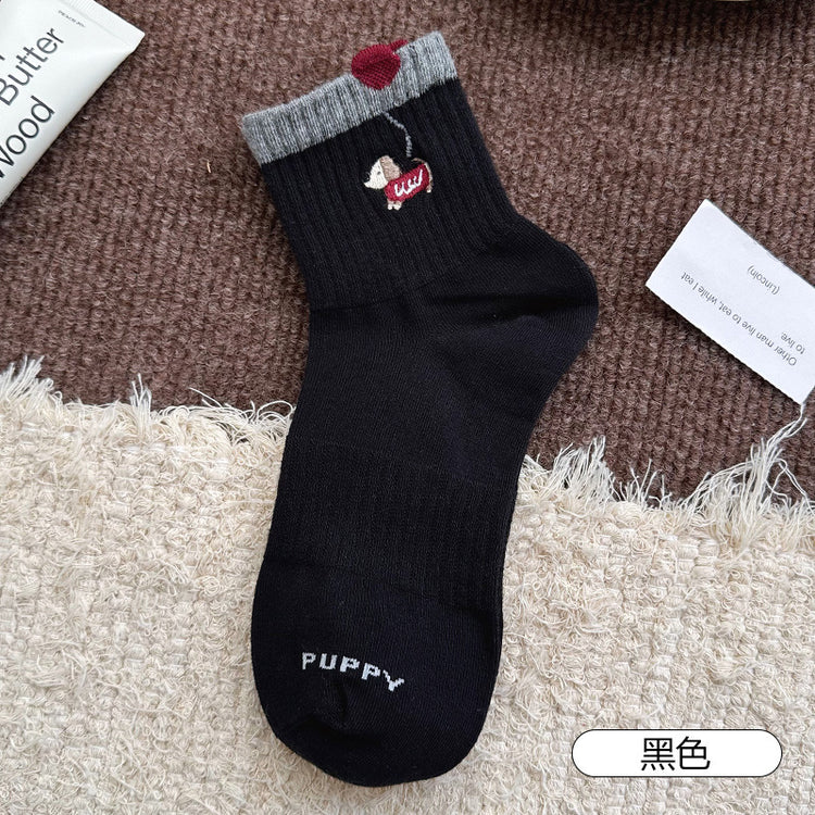 女襪|拼色羅口襪子女立體卡通氣球小狗彈力無骨短襪棉質吸汗透氣運動襪「XC2327」25.08-2