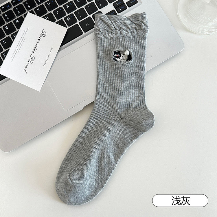 女襪|卡通刺繡襪子女miu系珍珠彈力親膚舒適中筒襪棉質吸汗透氣堆堆襪「XC2332」25.08-3