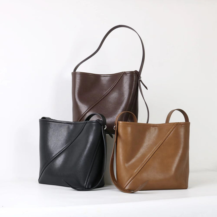 質感真皮|2025新款大容量牛皮拼接質感通勤子母包時尚百搭單肩腋下水桶包女「7056」25.09-3
