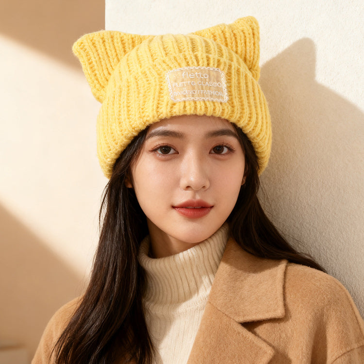 流行帽子|新款蕾絲貼布貓耳針織帽子女秋冬保暖毛線帽時尚百搭顯臉小包頭帽「C5801」25.11-2