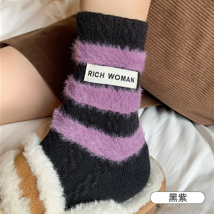 女襪|美拉德條紋羊毛襪秋冬加絨加厚保暖中筒襪時尚布標ins潮流睡眠襪「MK4225」24.11-1