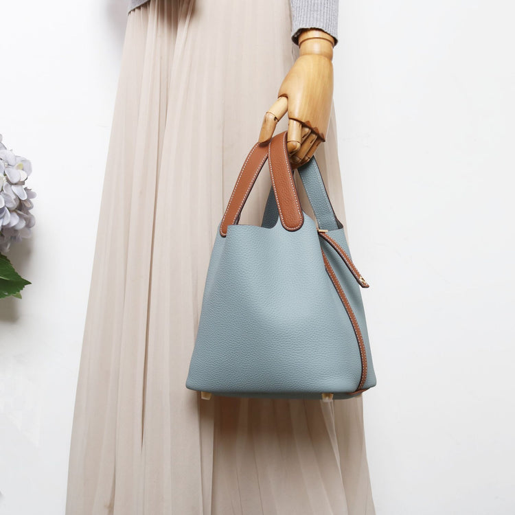 質感真皮|togo頭層牛皮拼接菜籃2024年新款時尚軟牛皮水桶包手提手拎包「226#」24.10-3