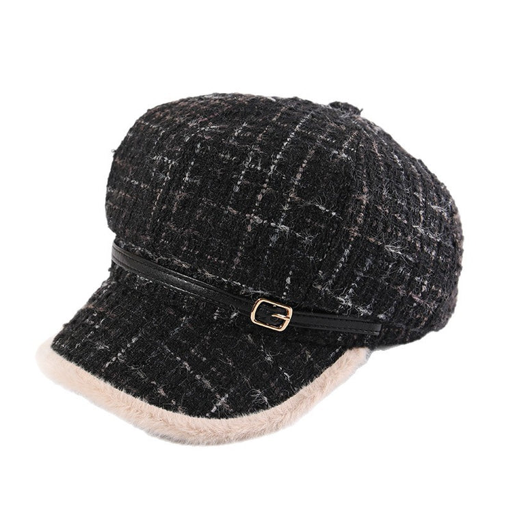 流行帽子|小香風格子毛絨帽子女秋冬保暖顯臉小八角帽大頭圍日系鴨舌貝雷帽「C5840」25.11-3