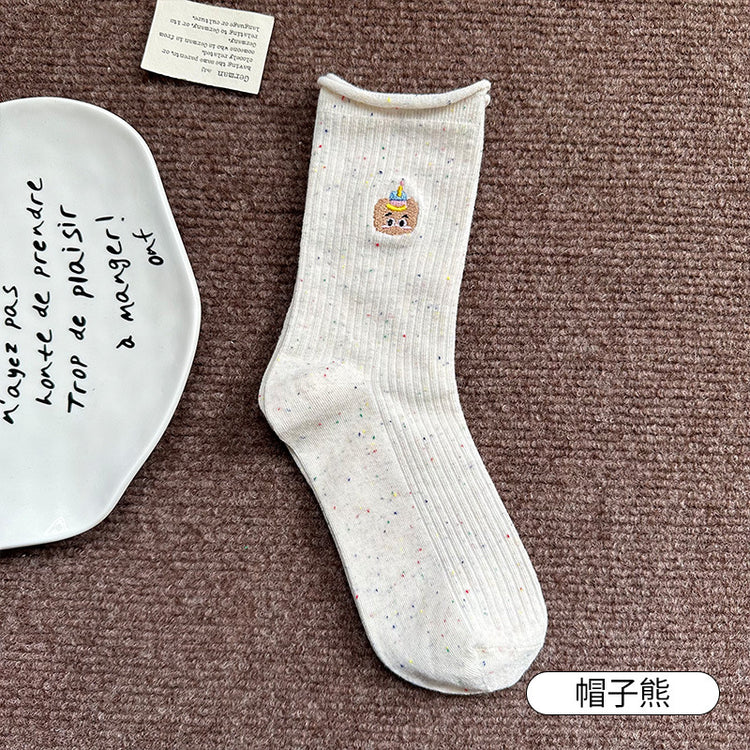 女襪|點子紗襪子女棉質吸汗透氣防臭堆堆襪彈力無骨卷邊卡通刺繡中筒襪「M24173」25.09-5