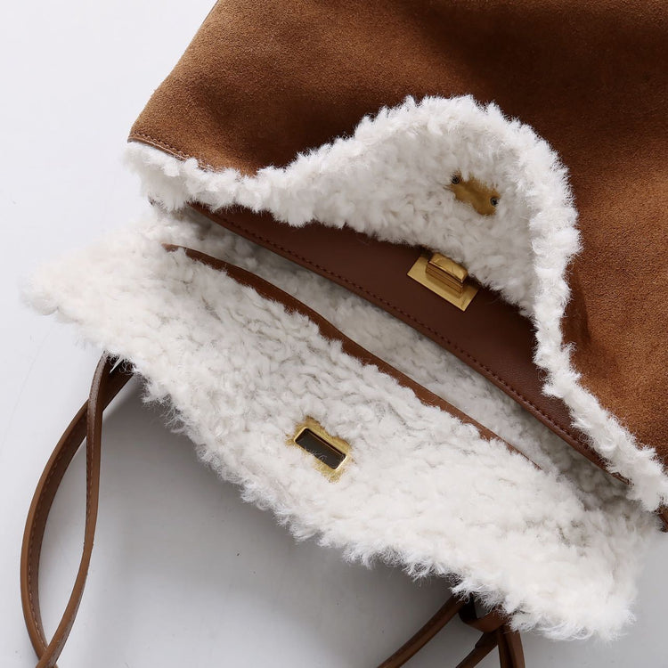 質感真皮|秋冬羊皮拼接磨砂牛皮腋下凱莉包鎖扣手提托特包通勤單肩斜挎大包「6138」24.11-4