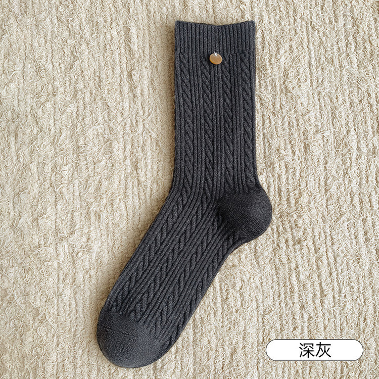 女襪|秋冬美拉德咖色羊毛襪時尚紐扣設計中筒襪秋冬蓄熱加厚保暖睡眠襪「SM24522」24.11-1