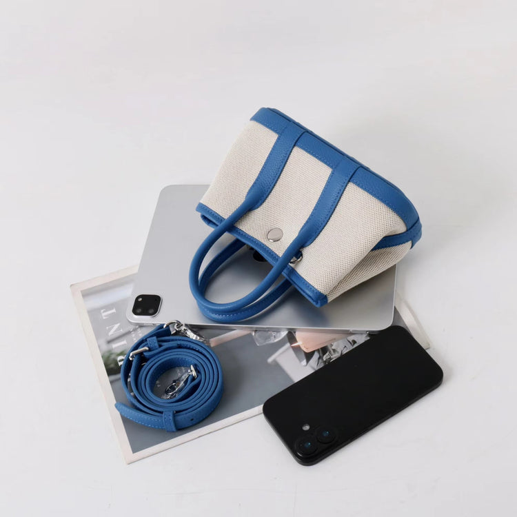 質感真皮|2025潮流新頭層牛皮撞色帆布手提花園包高級感洋氣單肩包休閒斜背包「80592」25.04-2