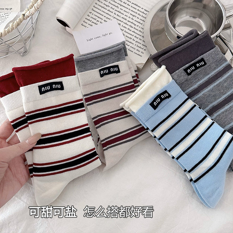 女襪|撞色雙羅口卷邊襪子女春秋季ins潮miu系中筒襪彈力無骨布標堆堆襪「MK5080」25.03-1