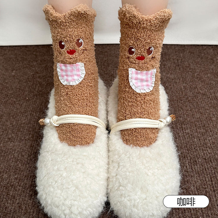女襪|立體小熊襪子女秋冬保暖加厚可愛卡通睡眠襪親膚舒適居家地板襪「WN2532」25.12-1