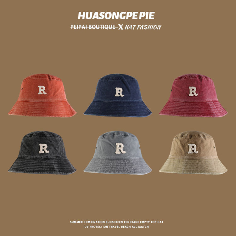 流行帽子|大沿遮陽帽水洗棉R字母刺繡簡約百搭漁夫帽出遊帽子防曬帽夏季女「C4032」24.06-1