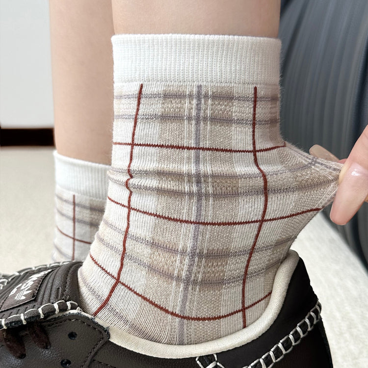 女襪|復古格子襪子女ins潮學院風甜美百搭中筒襪棉質吸汗透氣堆堆襪「CX805」25.10-1