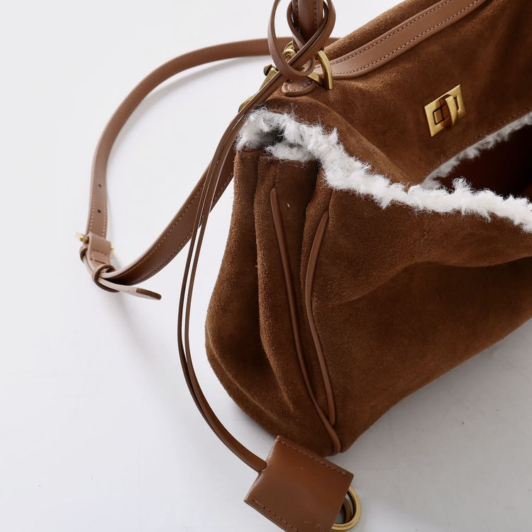 質感真皮|秋冬羊皮拼接磨砂牛皮腋下凱莉包鎖扣手提托特包通勤單肩斜挎大包「6138」24.11-4