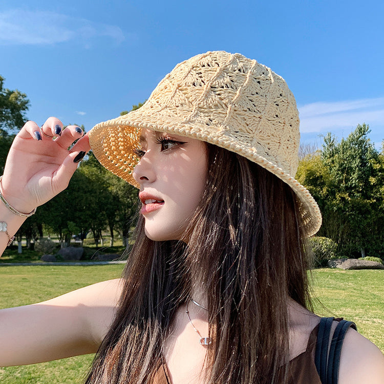 流行帽子|春夏新款帽子女簡約百搭漁夫帽鏤空透氣針織太陽帽出遊遮陽防曬帽「C5144」25.04-1