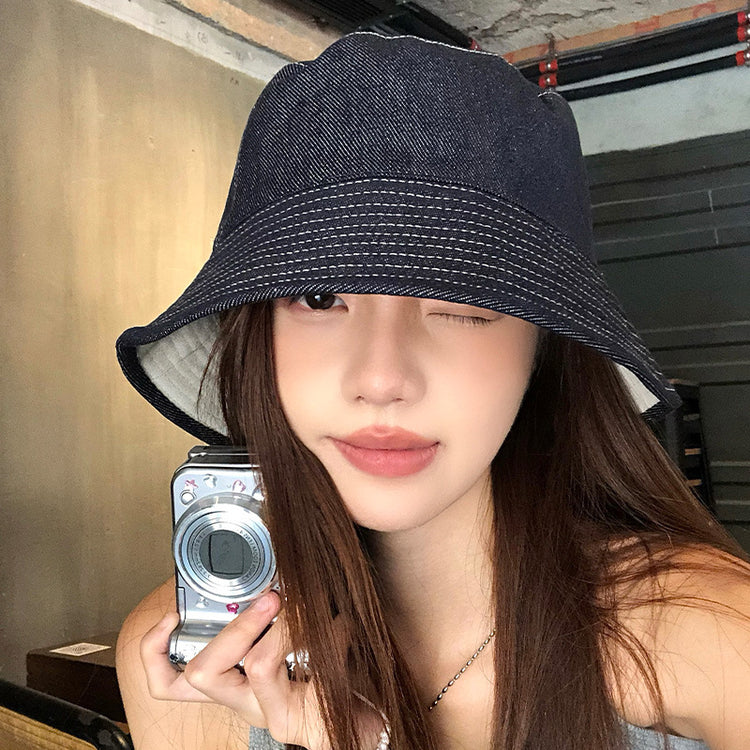 流行帽子|日系雙面可戴帽子女春夏顯臉小牛仔漁夫帽百搭水桶帽遮陽防曬盆帽「C5484」25.08-3