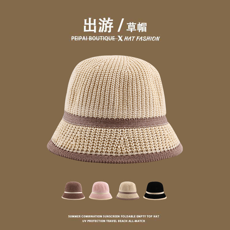 流行帽子|草編水桶帽夏季鏤空可折疊沙灘出遊草帽戶外騎行海邊防曬太陽帽子「C3773」24.04-1