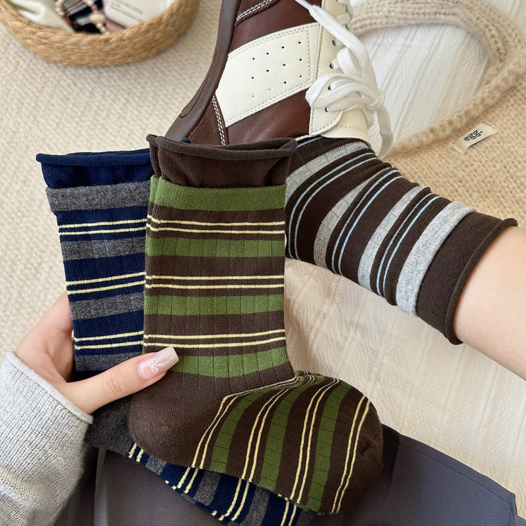 女襪|撞色雙羅口襪子女彈力無骨卷邊條紋堆堆襪棉質吸汗透氣防臭中筒襪「CX802」25.09-3