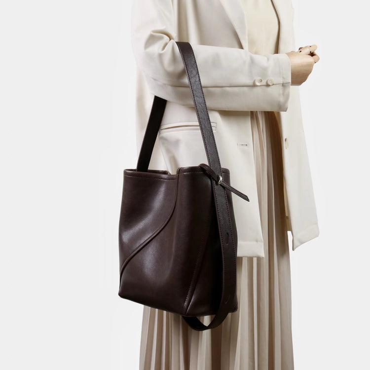 質感真皮|2025新款大容量牛皮拼接質感通勤子母包時尚百搭單肩腋下水桶包女「7056」25.09-3