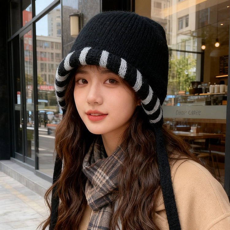 流行帽子|秋冬新款保暖帽子女防寒護耳帽大頭圍顯臉小針織毛線帽系帶套頭帽「C5699」25.10-2