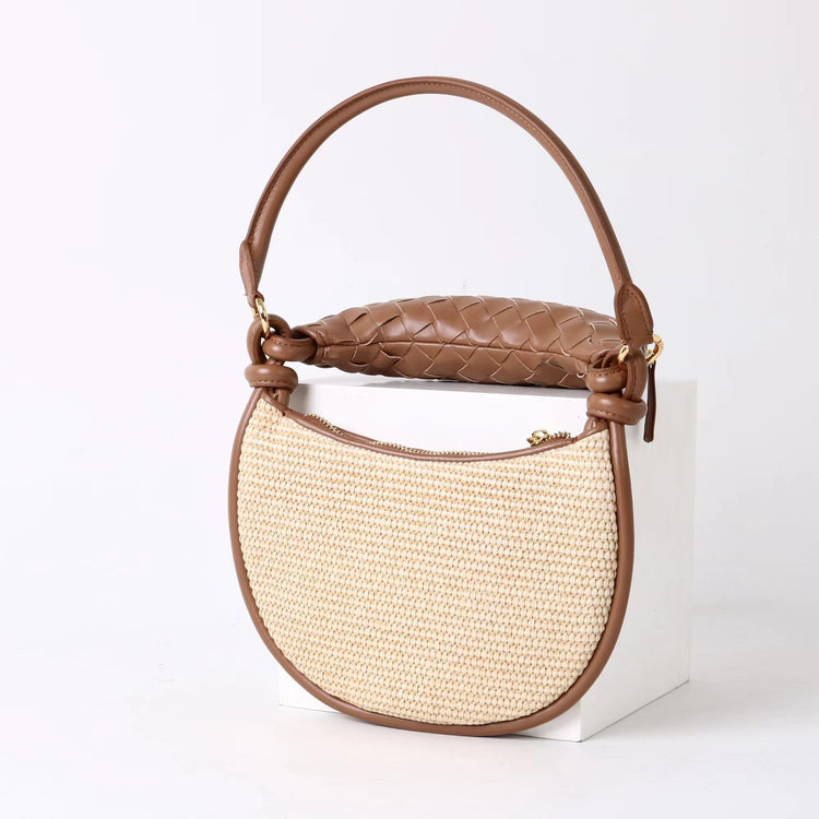 質感真皮|2025新款拉菲草編拼牛皮雙子包拼色月亮包度假單肩腋下包時尚編織包「9781-1」25.07-1