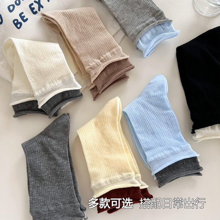 女襪|拼色雙羅口襪子女棉質親膚吸汗透氣中筒襪彈力無骨潮流簡約堆堆襪「MK5084」25.06-1