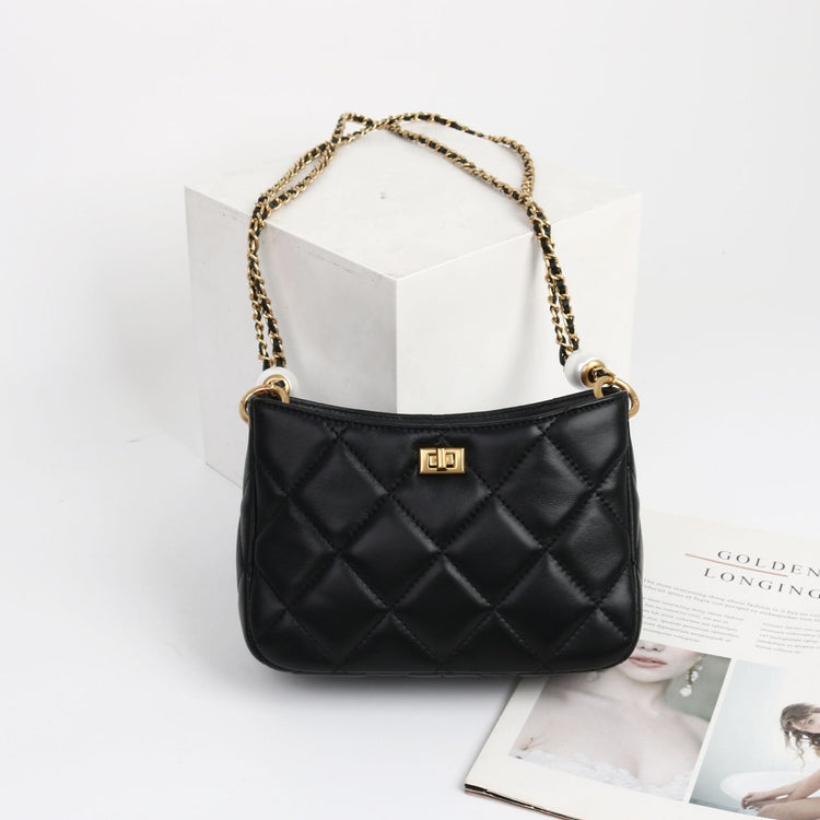 質感真皮|2024新款春夏小眾設計時尚珍珠鏈條包包女潮斜背包級質感肩小方包「8063#」24.05-1