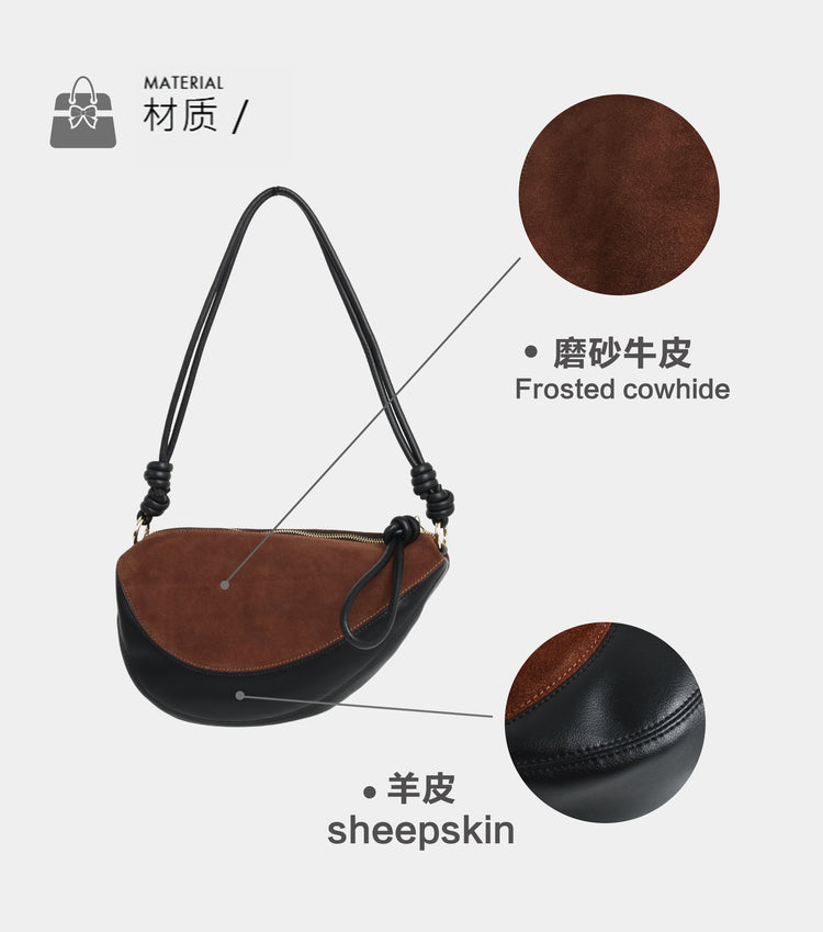 質感真皮|磨砂牛皮拼接羊皮月牙包女包2024新款真皮休閒斜背餃子包百搭單肩「3300-3#」24.10-2